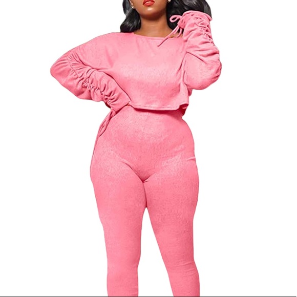 Pink Ribbed 2 Piece Set Ruched Sleeve Crop Top and Long Pants Workout Set - Picture 5 of 7